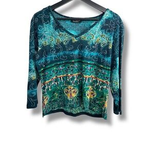 Le Mieux Studio Teal Green Cotton Beaded Botanical V-Neck 3/4 Sleeve Top Large